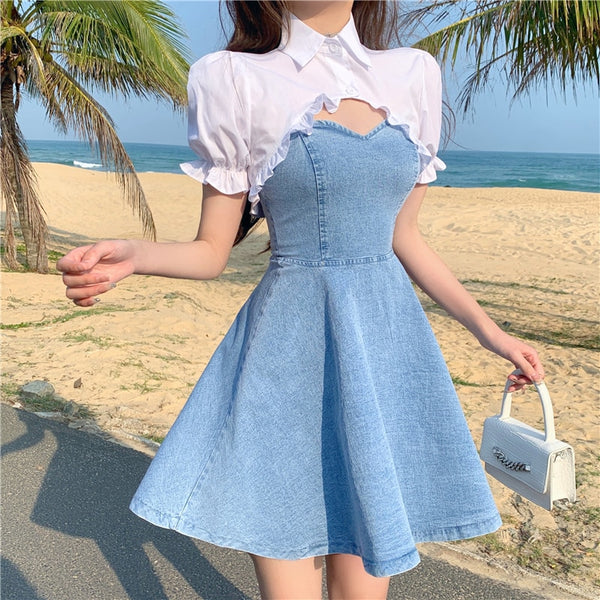 ブルーワンピホワイトブラウスセット